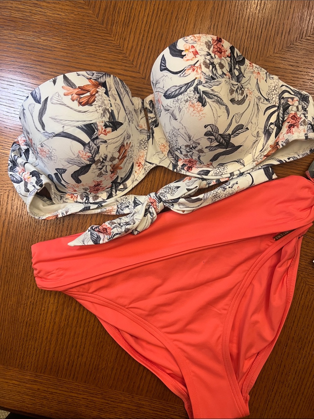 Floral White Strapless tie back Bikini Top with Large Coral Bottoms B32